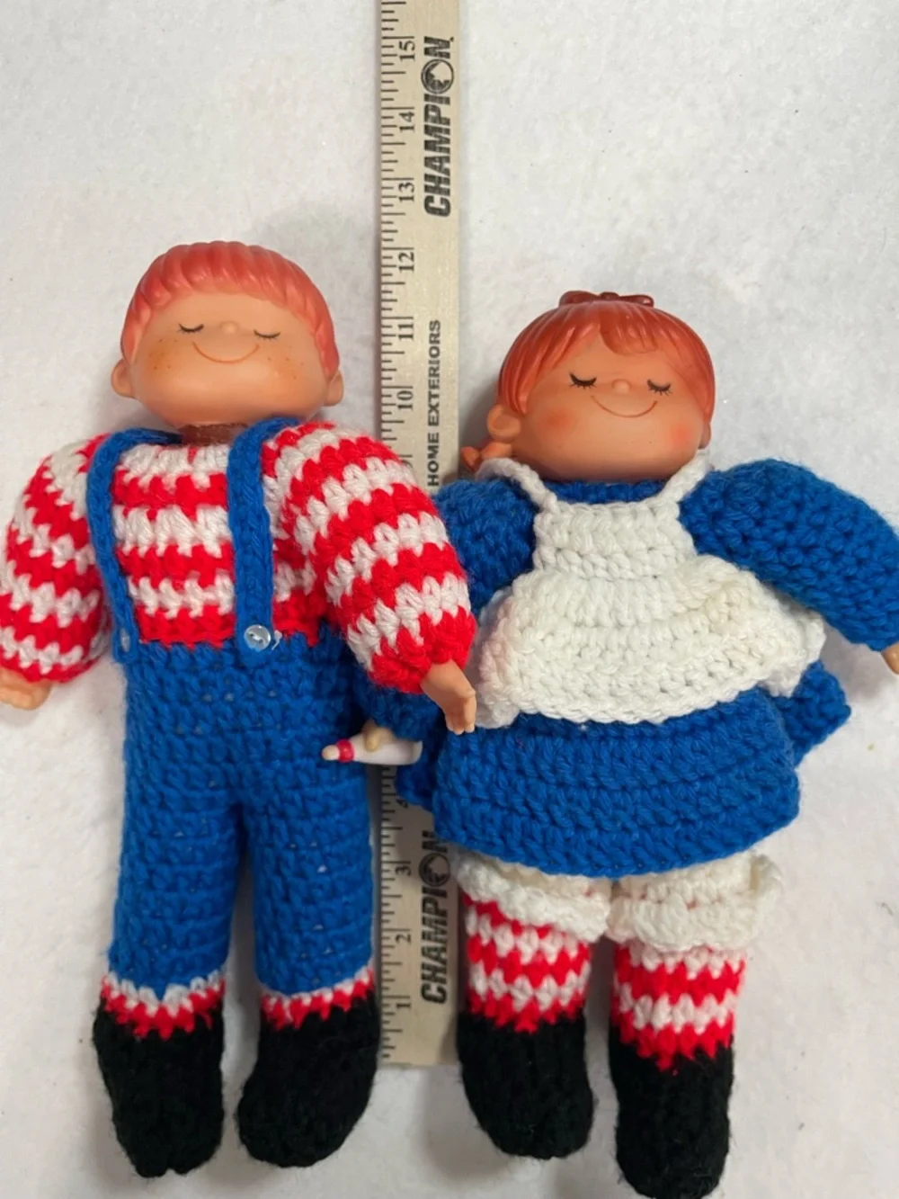 Handmade‎ Blue & Red Crochet Doll with plastic head and hands